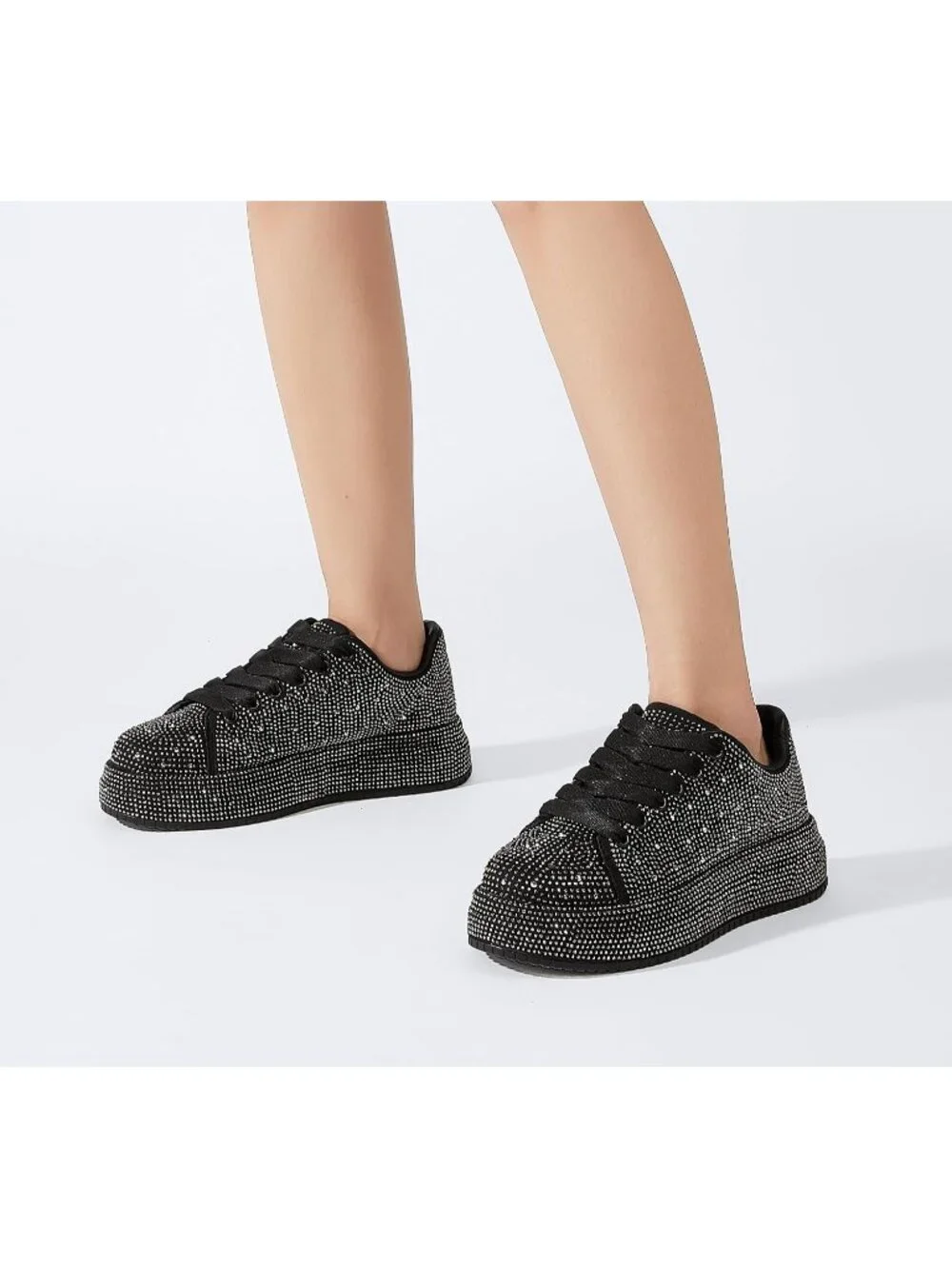 🆕Women's Black Sparkly Glitter Bling Tennis Rhinestone Platform Sneakers